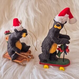 Vintage O'Well Black Bear Christmas Ornaments Set of 2 Sled Scooter Fish